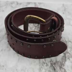 Buckle Brown Leather Studded Belt with Brass Hardware